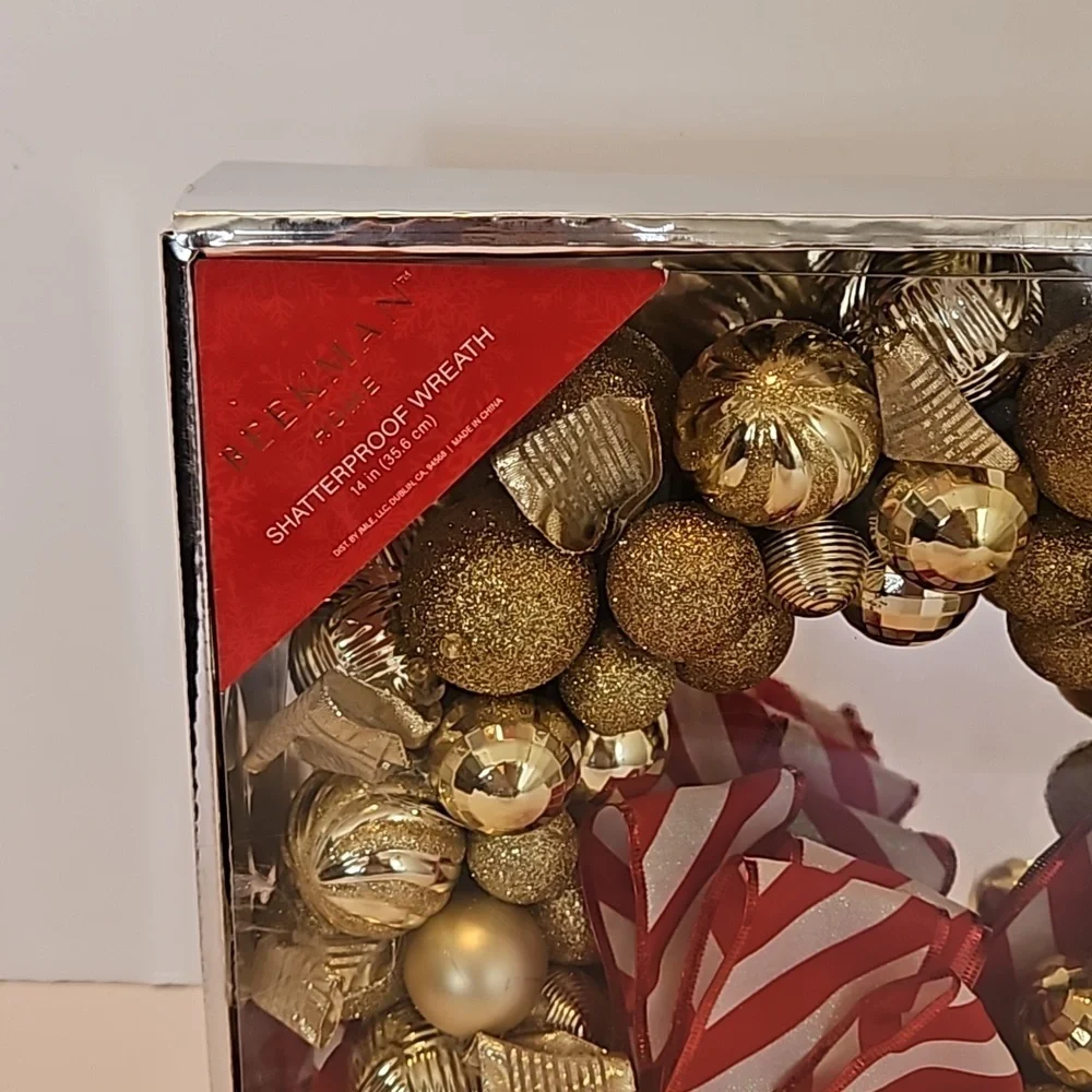 Upcycled Shatterproof Wreath Christmas Gold Ornaments Fairy Lights Handmade 14